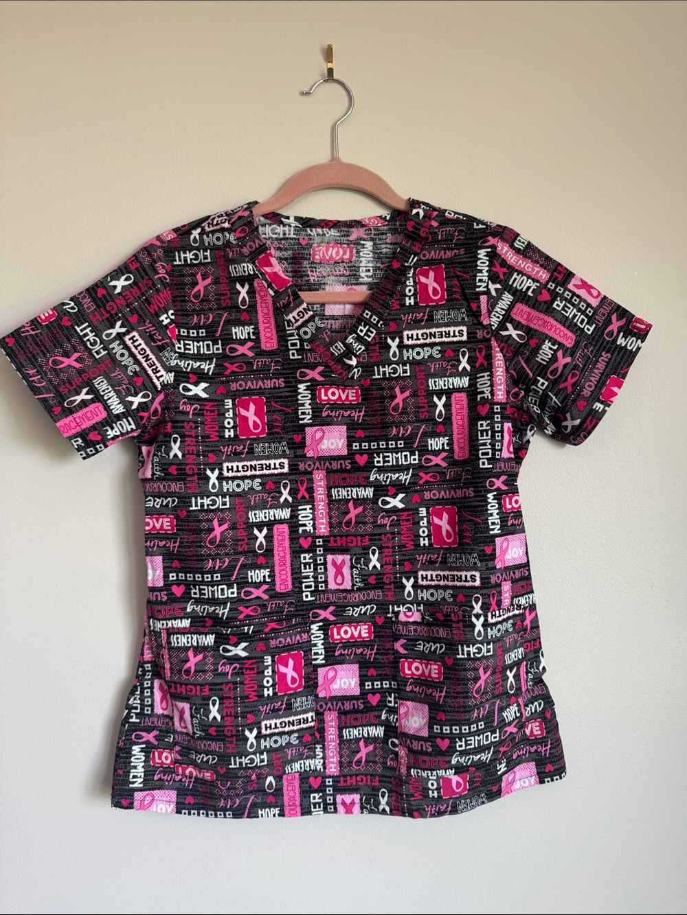 Peaches Uniforms Pink & Black Hope Ribbon Print Scrub Top